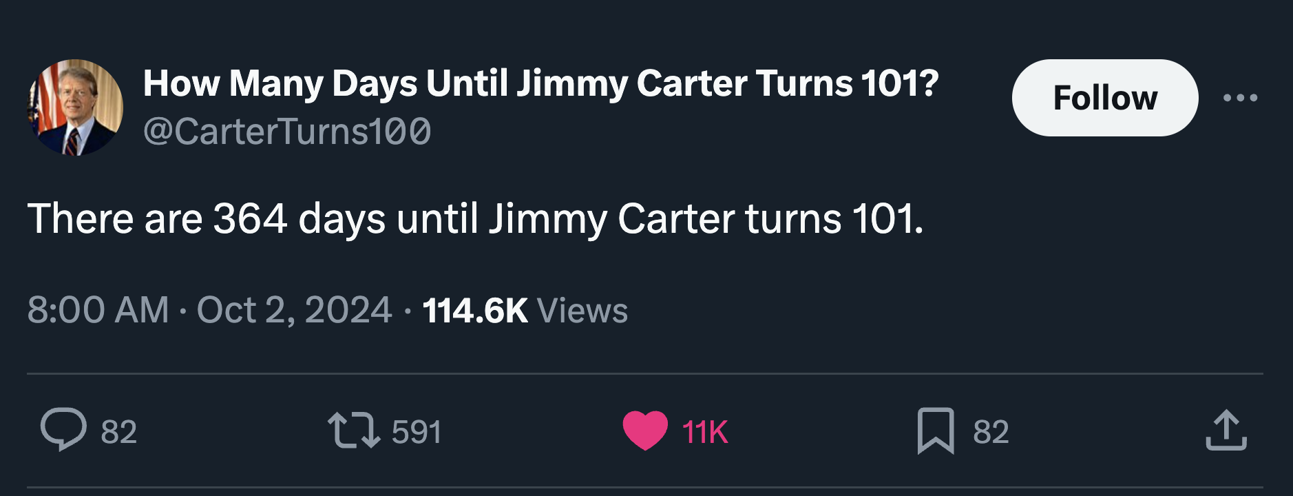 screenshot - How Many Days Until Jimmy Carter Turns 101? There are 364 days until Jimmy Carter turns 101. Views 82 82